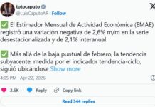 La actividad económica cayó 2,6% en febrero