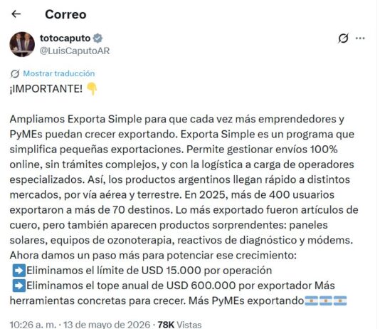 Amplían el Programa Exportar Simple para PyMEs: Caputo anunció detalles